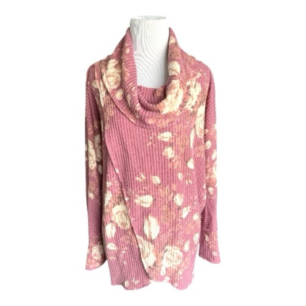 LuLaRoe Waffle Pink Floral Kristen Cowl Neck Pullover Sweater M